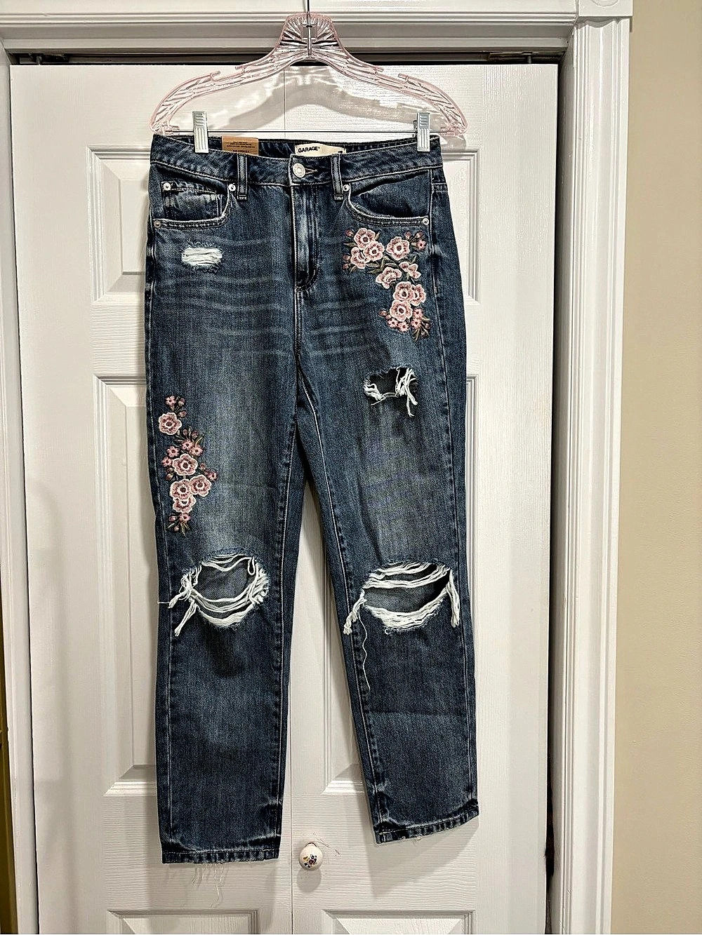 Garage Floral Embroidered Distressed Mom Jeans Blue Waist 7